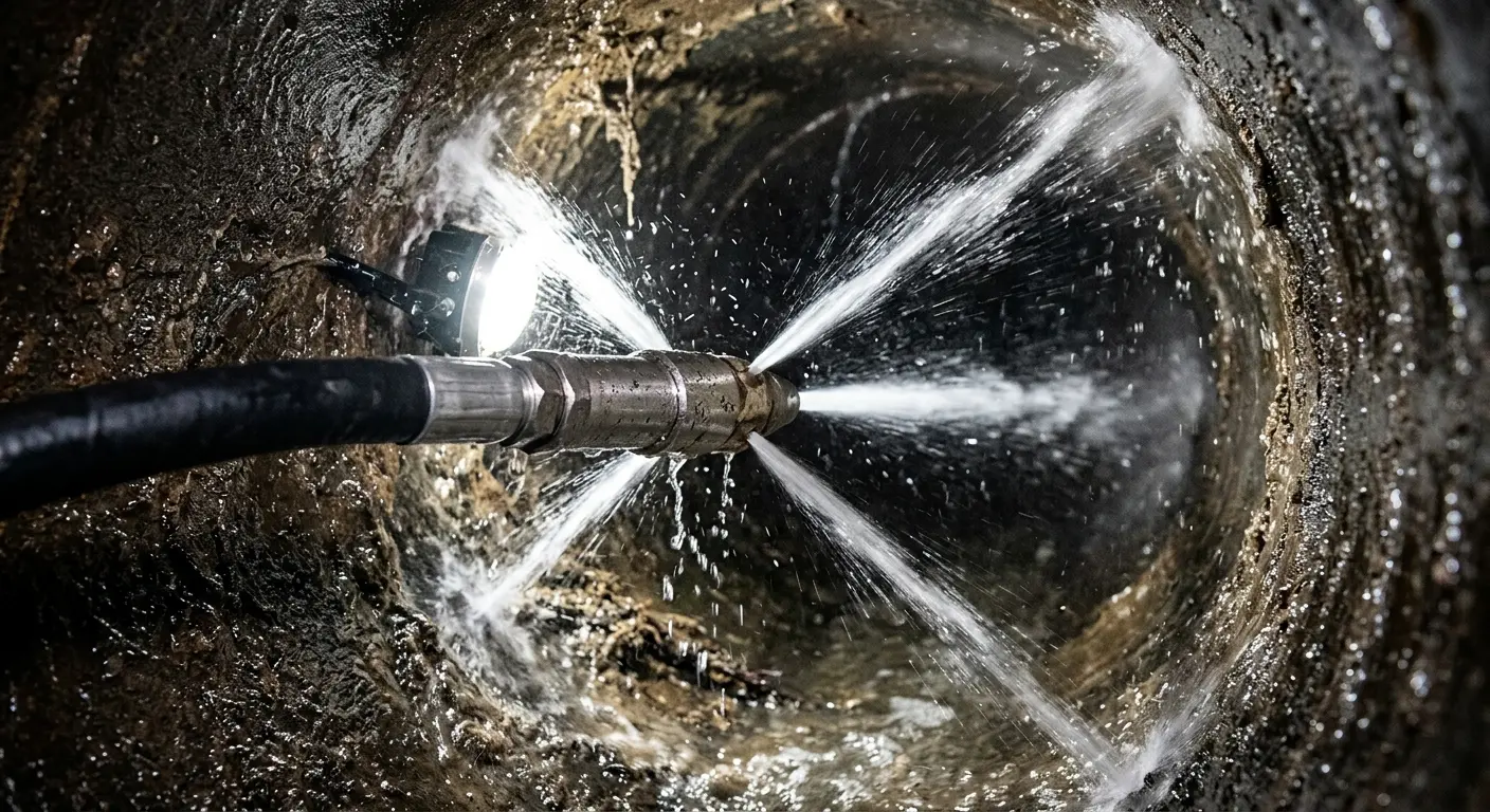 High-pressure hydro jetting nozzle cleaning sewer pipe for Emergency Drain Service in St. Simons