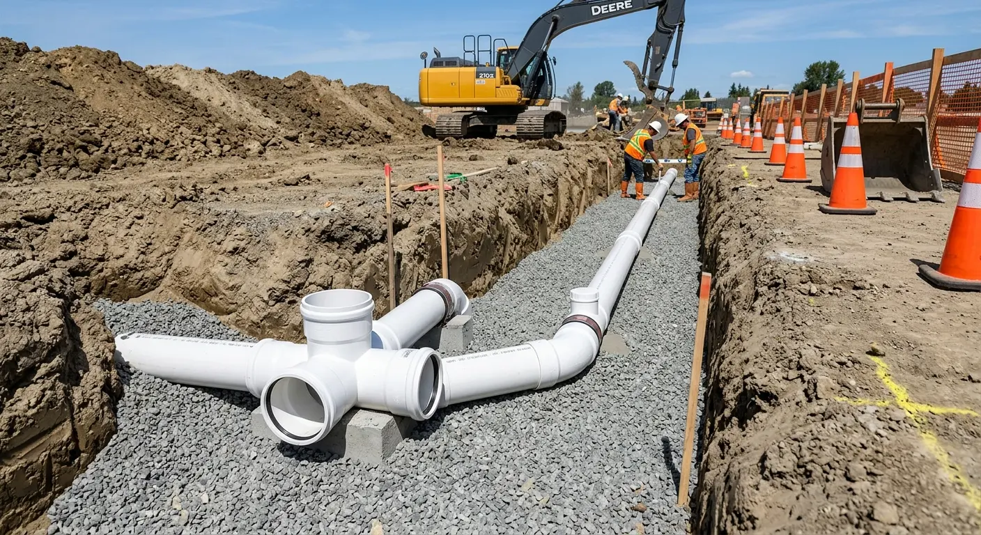 New PVC sewer pipe installation in open trench for Sewer Backup in St. Simons